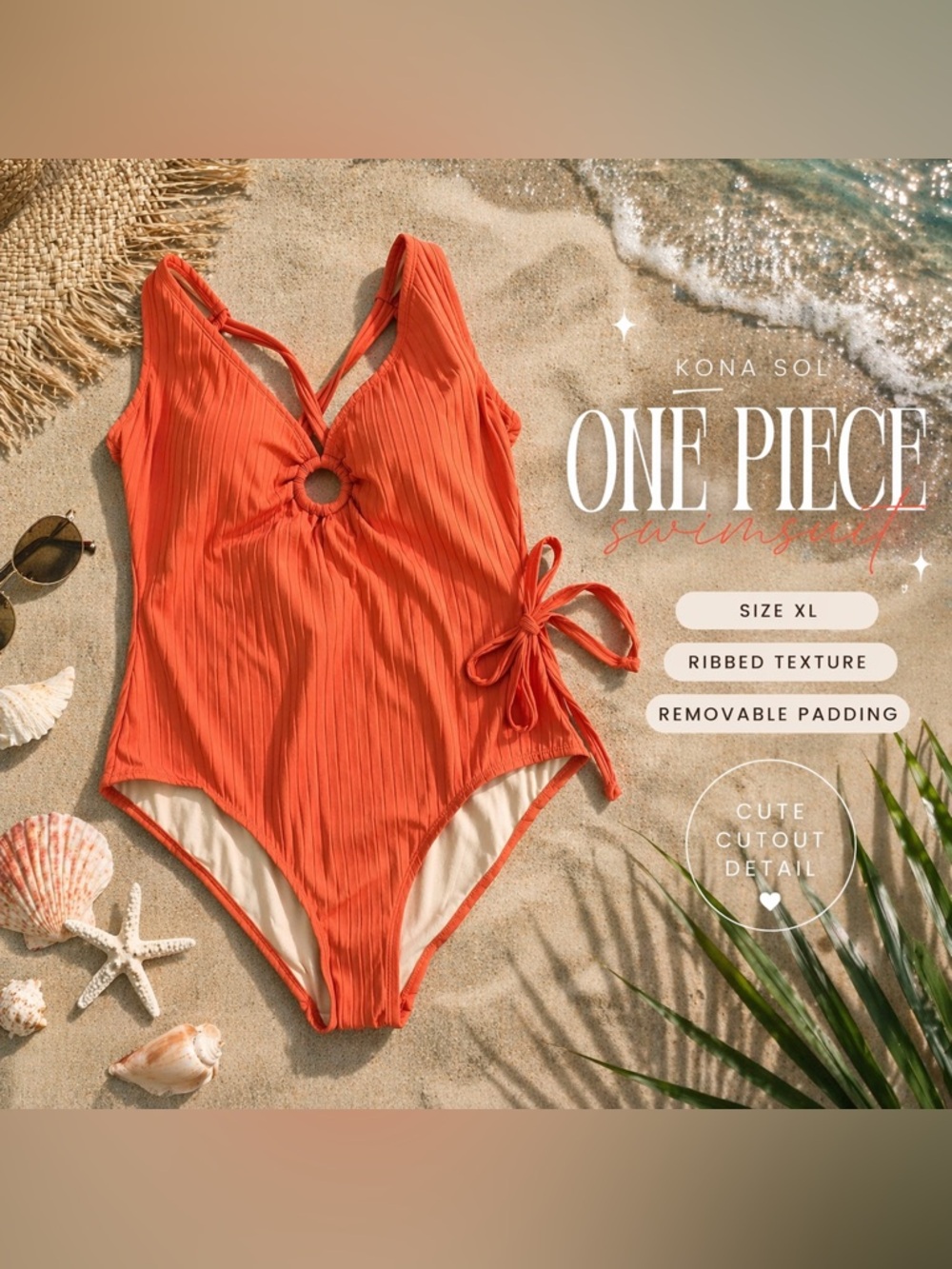 Kona Sol Coral Orange Ribbed One-Piece Swimsuit with Front Cutout size XL